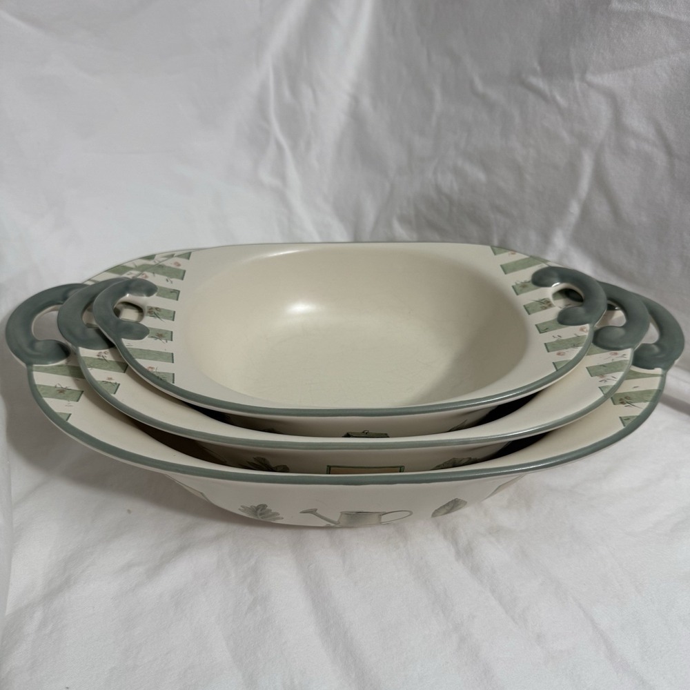 Pfaltzgraff Naturewood Botanical Stoneware Nesting Serving Bowls Oval Set of 3